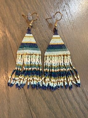Ink + Alloy Lexie Horizontal Stripes Beaded Fringe Earrings Blue